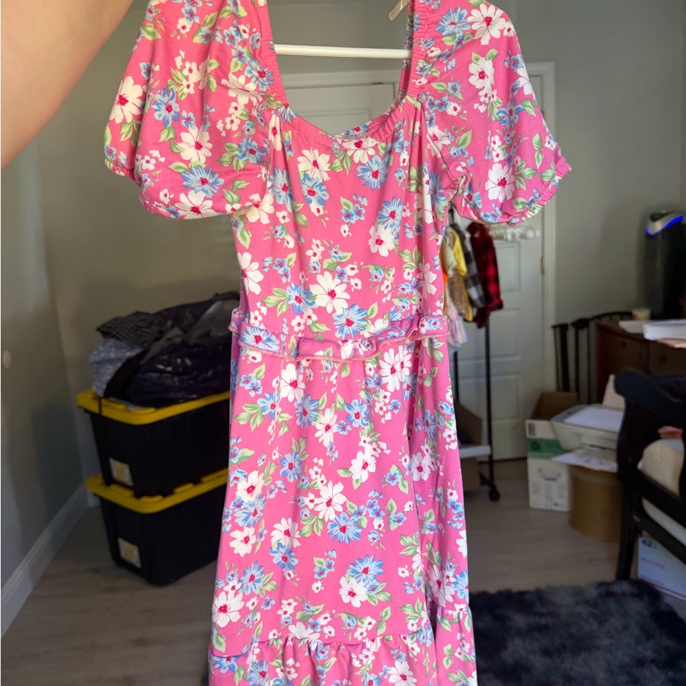 btween Pink Floral Midi Dress with Puff Sleeves